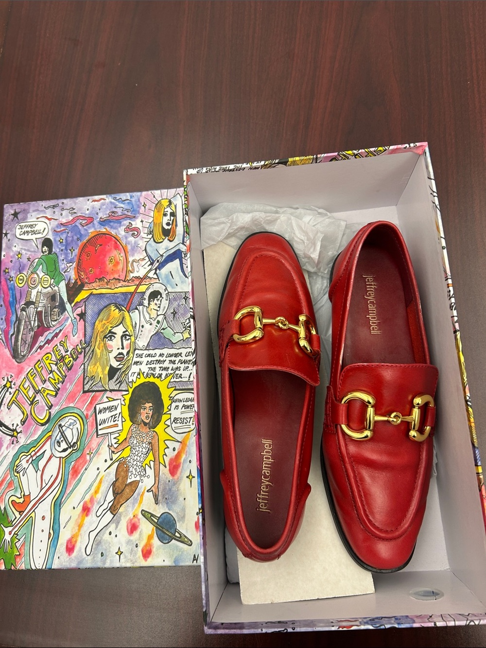 Jeffrey Campbell Red Leather Loafers with Gold Horsebit